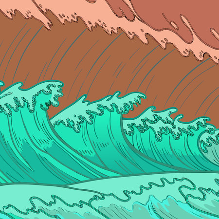 Dynamic abstract waves in oceanic blue gradients form a sweeping horizontal flow, accented by...