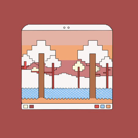 Pixelated retro game style delivers a serene side-scrolling vista with dawn glow and blocky natural...