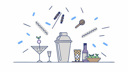 Energetic digital artwork showcasing dynamic mixology vibes through vivid neon underlighting in blues and purples, evoking nightlife excitement and professional bartending flair. Ideal for cocktail bar promotions, menu designs, beverage branding, hospitality graphics, and social media campaigns targeting mixologists and nightlife enthusiasts. The bold, vibran. AI-generated vector illustration. AI-generated illustration.のイラスト素材