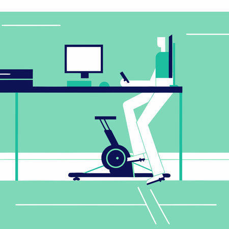 Energetic digital illustration highlighting innovative office fitness with precise mechanical elements and vivid motion light trails that capture forward pedaling momentum. Conveys enduring vitality and professional drive, perfect for workplace wellness promotions. Ideal for corporate health initiatives, HR materials, motivational graphics, business presentat. AI-generated vector illustration. AI-generated illustration.のイラスト素材