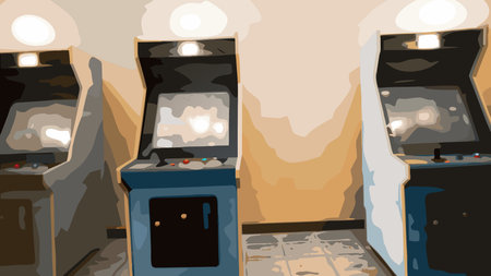 A creative digital illustration depicting Pixel art graphic of a retro arcade scene with glowing...