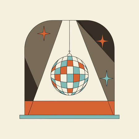 Vibrant retro 1970s digital artwork embodying groovy disco aesthetics with dynamic multicolored radial light effects and spherical symmetry. Perfect for business applications like party invitations, nightclub posters, music event graphics, and vintage apparel designs. The high-energy funky mood resonates with entertainment marketers and lifestyle brands . AI-generated vector illustration. AI-generated illustration.のイラスト素材