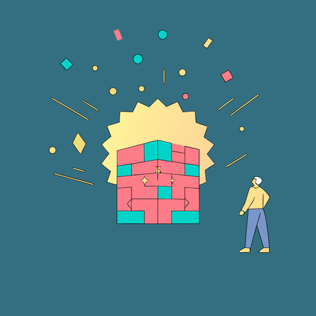 Dynamic voxel art style showcases a playful digital explosion with internal glow lighting and...