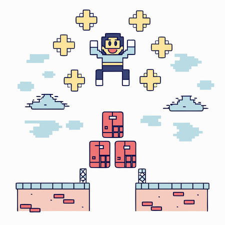 A creative digital illustration depicting Pixel art retro game character  jumping, 8-bit blocky...