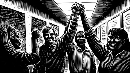 Empowering digital illustration in celebratory solidarity style, radiating dynamic energy,...