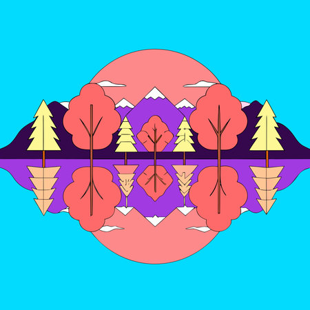 Symmetrical mirror composition in a nature vista style, illuminated by warm golden hour alpenglow,...