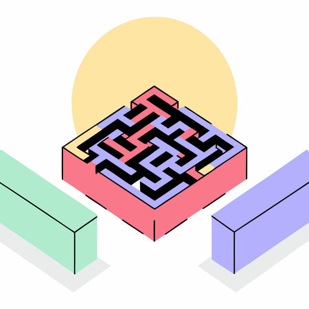 A creative digital illustration depicting 3D rendered pixelated cube maze in electric blue,...