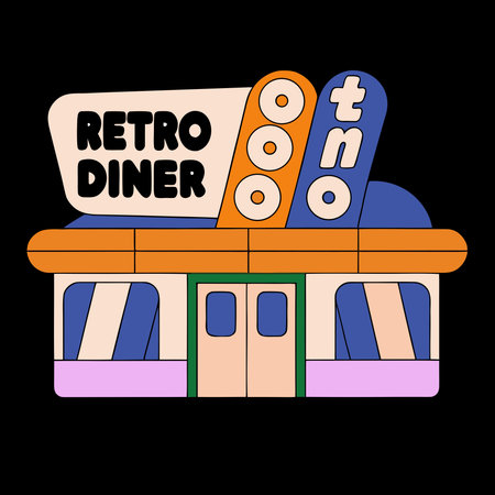 A creative digital illustration depicting Retro diner sign with chrome lettering and neon glow,...