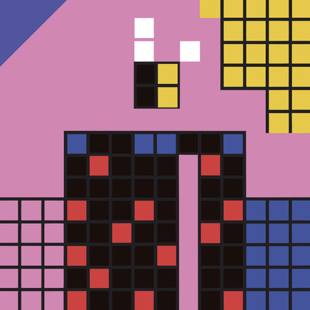 A creative digital illustration depicting Abstract pixelated mosaic in retro greens and yellows,...