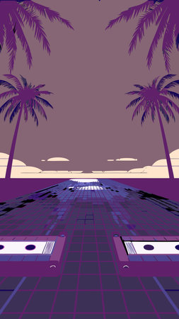 Captivating 80s-inspired vaporwave style featuring neon purple and pink glows with subtle VHS glitch...