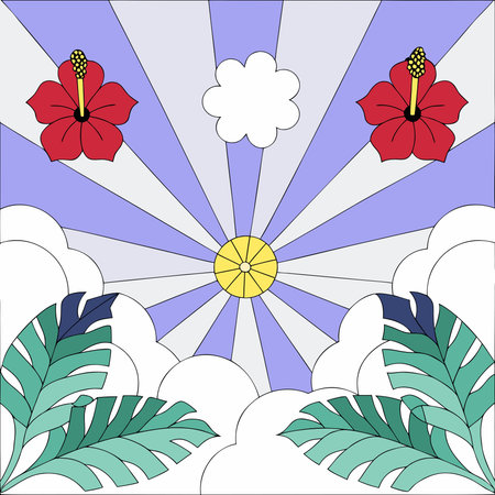 A creative digital illustration depicting Tropical hibiscus flowers bursting in vivid red and...