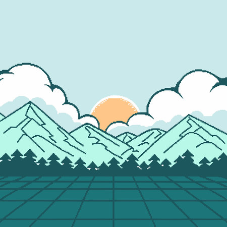 Embrace vintage video game aesthetics through sharp pixelated graphics, glowing lighting effects, and  tiling for endless repetition. This nostalgic design radiates fun and adventure, perfect for gaming merchandise, mobile wallpapers, website headers, apparel graphics, and indie game development assets. Ideal for creative professionals targeting retro. AI-generated vector illustration. AI-generated illustration.のイラスト素材