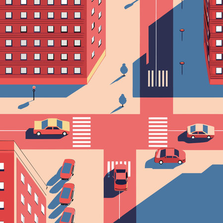 Seamless pattern with city buildings and cars. Vector illustration.