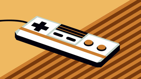 A creative digital illustration depicting Retro pixel game controller with glowing buttons,...