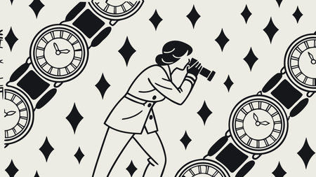 Vector illustration of a woman with a camera in her hands. Seamless pattern.