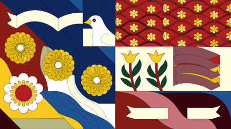 Energetic pixelated composition merging abstract floral motifs, whimsical birds, animals, and nature...