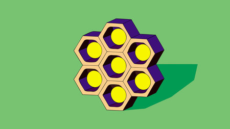 Modern graphic style featuring a dynamic honeycomb texture with vivid sunny yellows against deep...