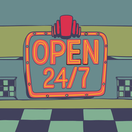 A creative digital illustration depicting Retro diner sign with neon glow reading 'Open 24/7',...
