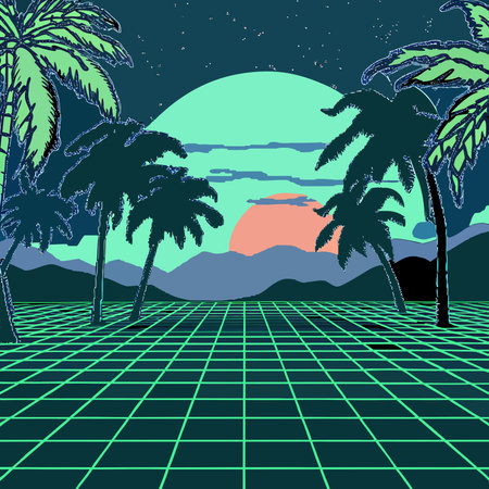 Evoke 80s nostalgia with retro wave vaporwave style, neon synthwave lighting, and chill panoramic...