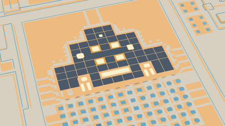 This vibrant pixel art embodies classic 8-bit arcade aesthetics through blocky grids, neon color...