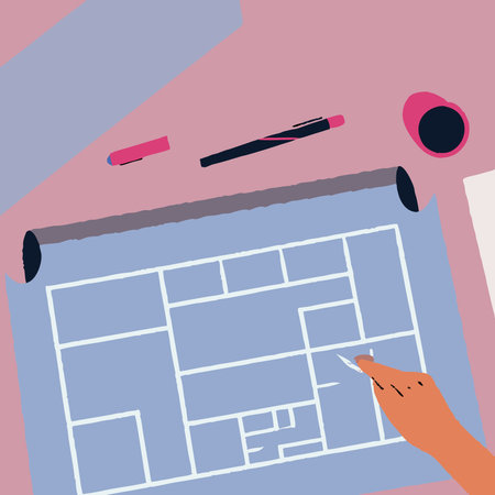 Technical blueprint-style digital illustration featuring top-down composition, cool daylight desk...