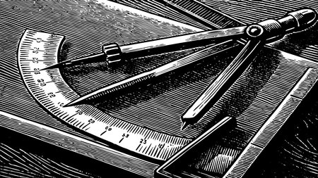 Digital artwork evoking technical precision with cool drafting blues, precise angled lighting, and...