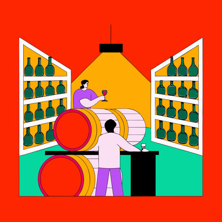 Atmospheric digital artwork evoking a prestigious wine cellar vibe with ambient barrel-lit low light...