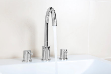 a modern washstand with shiny faucet from the water runs
