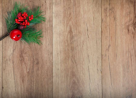 Christmas decoration on a wood background with copy spaceの写真素材