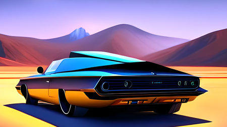 3D rendering of a futuristic sports car in the desert at sunsetの写真素材
