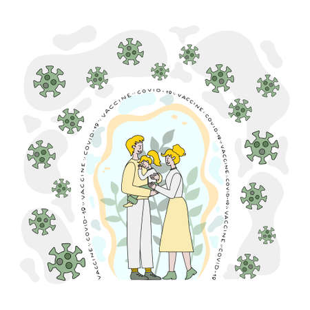 Concept vector illustration. Family with children,  stand secure. They can live without masks and be healthyのイラスト素材