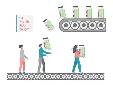 Drug companies produce,make vacciene against , disease. People get their flu shot. Concept vector...