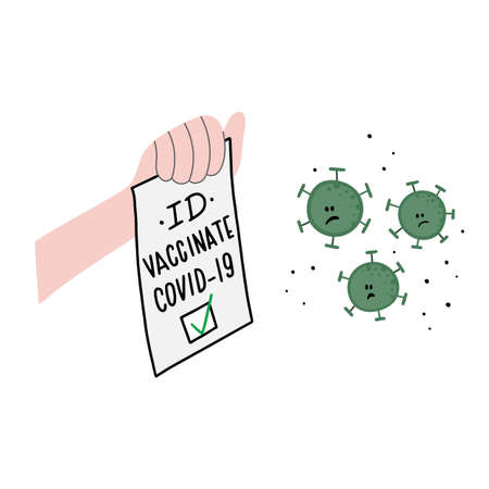 ID, passport about vaccinate, get flu shot for covid-19, coronavirus. Virus see that ID and surprised, unsettle. Concept vector illustration.のイラスト素材