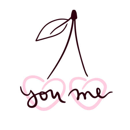Simple cute vector illustration with sweet ripe cherry and lettering You and Me. Can use for card, post, web, mailのイラスト素材
