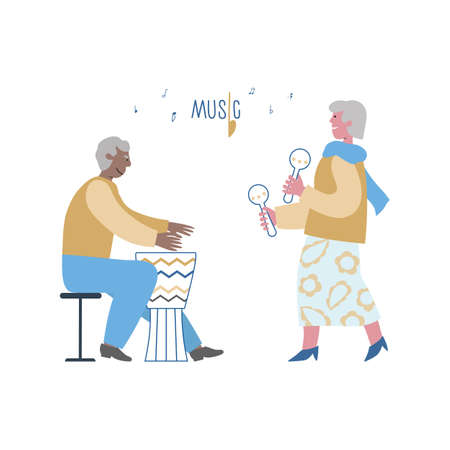 Stylish elderlies maracas, drum play. Seniors like and enjoy music in social club. Can use for web, banner, post. Lettering Music. Concept vector illustration.のイラスト素材
