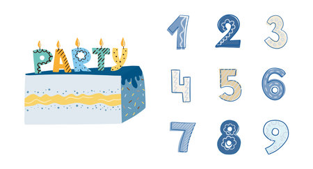 Clipart with piece of cake with candls text Party and figure, number. Can use for card, banner