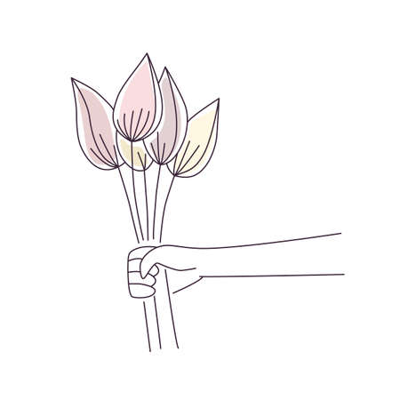 Nice bouquet as a gift, present for you. Simple art line vector illustration with tulip flowers in hand. Can use for card, banner, web in woman is dayのイラスト素材