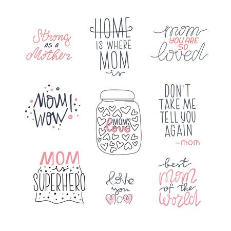 Set with simple quotes about mom, mother. Vector illustration, lettering, typography can use for card, web, stickerのイラスト素材