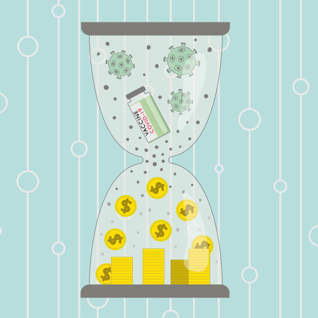 Concept vector illustration where Vaccine for Covid 19 recasted to money, dollars. Sand glass with...