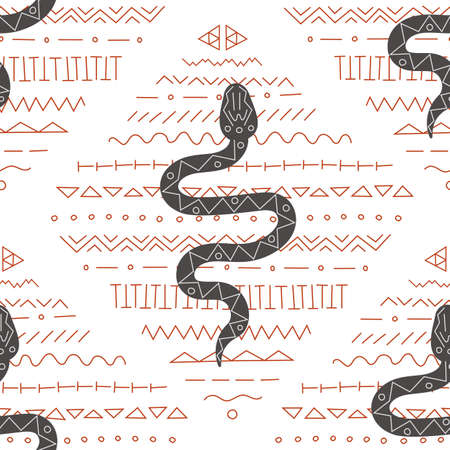Vector seamless pattern with black wild snake, asp on ethnic ornament, decorのイラスト素材