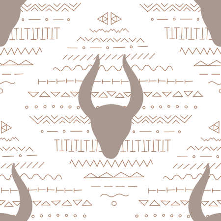 Vector seamless pattern with ethnic design and bull. Trendy colors for burger package, menuのイラスト素材