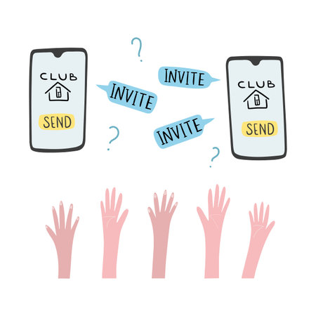 Popular social network with online audio chatting. Can use club after invite. People want to receive an invitation and pull hand. Concept Vector illustrationのイラスト素材
