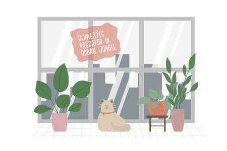 Cat and home plants, window with nice view to big city. Calm atmosphere with domestic predator.のイラスト素材