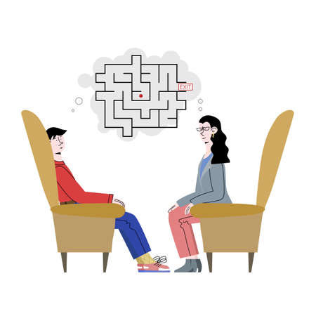 Patient is trying to solve a psychological problem with doctor of the psychotherapy. He can not find a way out from labyrinth of thoughts. Vector illustration for postのイラスト素材
