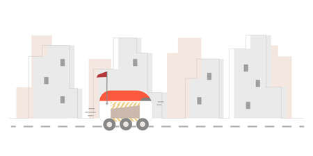 Self driving delivery robot moving on the city street with order. Trendy vector illustration for bannerのイラスト素材