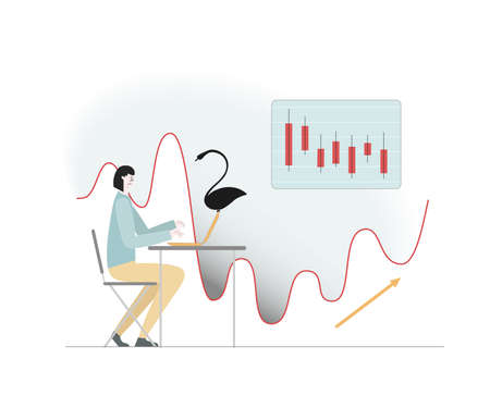 Black swan flew. Started economic decline. Market stocks fell. Girl with lapton. Vectorのイラスト素材