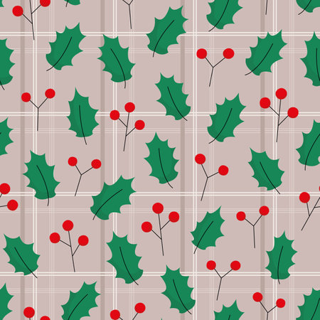 Vector christmas pattern with berries, leafs of holly tree, beige chequered plaid for banner, card, wrapのイラスト素材