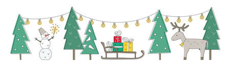 Banner with winter forest. Bright vector illustration for card, message, web. book, package, gift box, wrapのイラスト素材