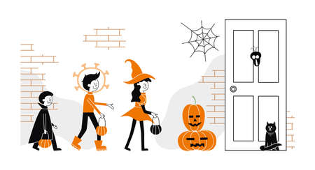 Vector illustration with children in The Halloween night. Boy wears coronavirus costume.のイラスト素材