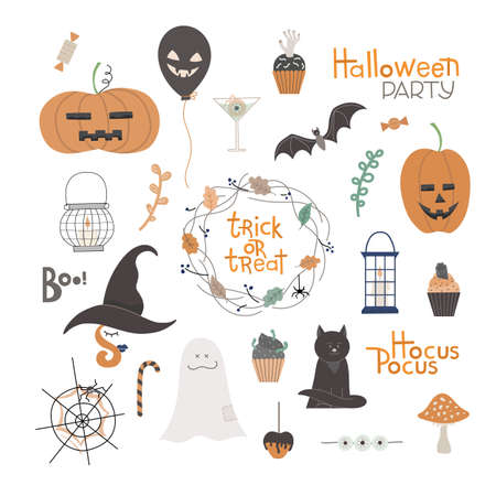Halloween big set with kitty character, bat, sweets, various holiday symbols. Hand drawn vector elements for creative design, printable decor, card, banner.のイラスト素材